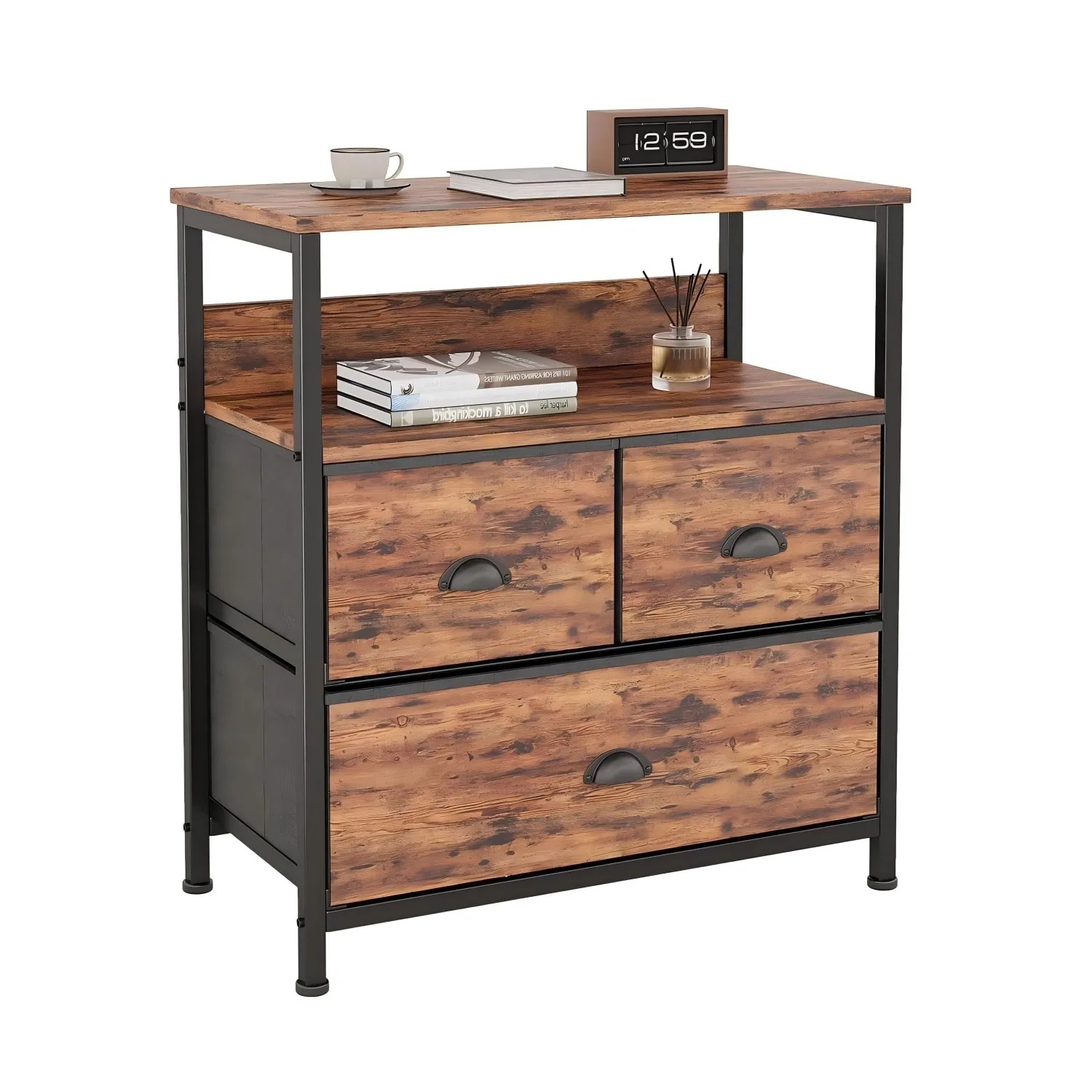 Nightstand with 3 Drawers,Industrial Bedside Table,Side Table with Storage Shelf,End Table, Tiger Wood,Home,Bedroom