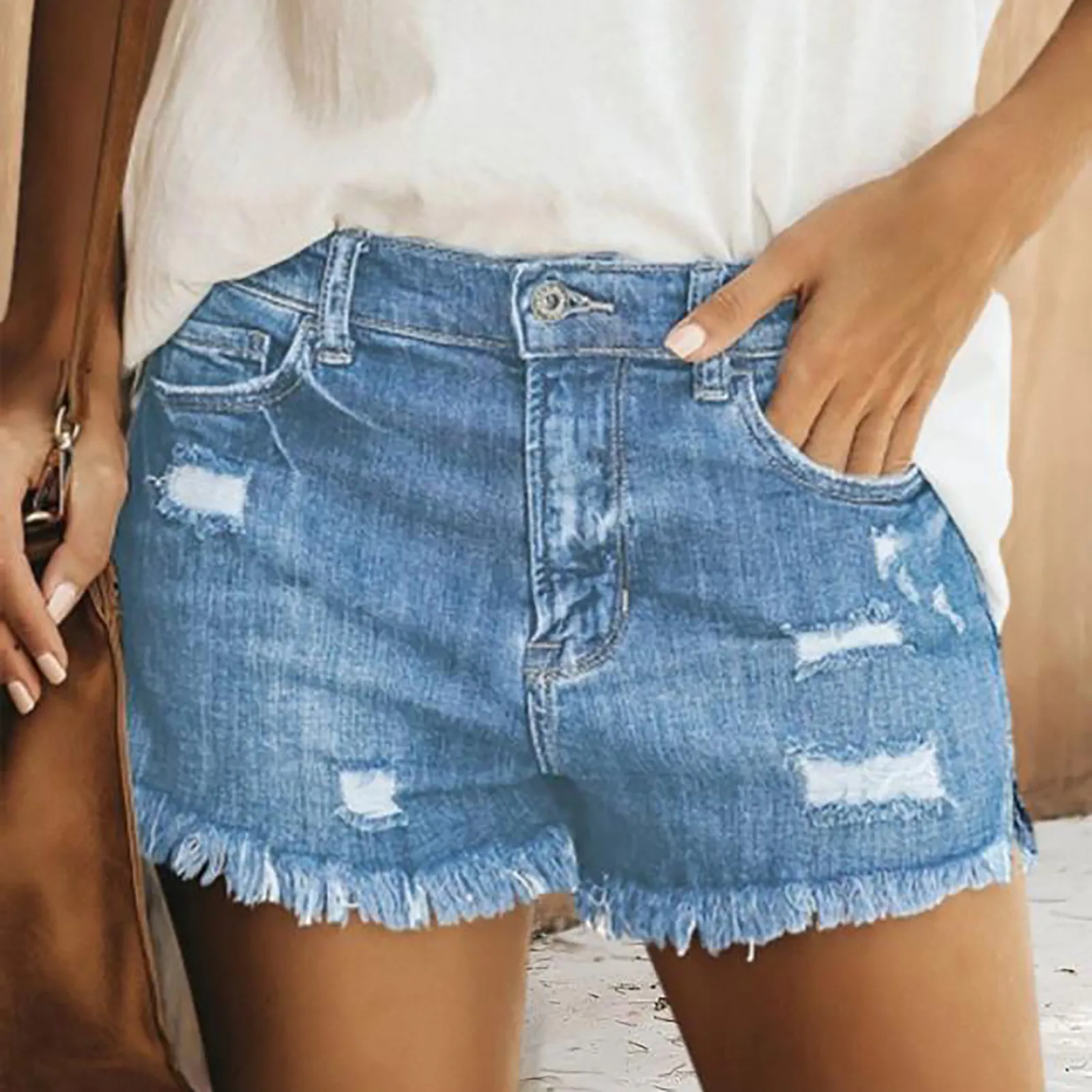 

Women's Sexy Shorts With Pockets Summer Fashion Casual Denim Shorts Ladies High Waist Hole Jeans Pants Slim Fitting Pants