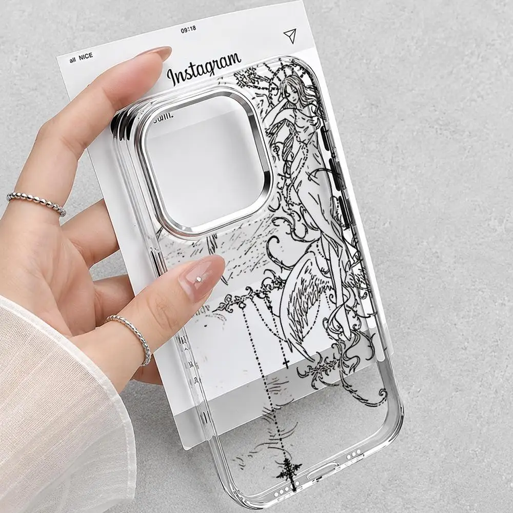 Ggothic Style Angel Cross Line Drawing Phone Case For iPhone 17Pro 16 15 14 Pro Max Plus 16e Air Shockproof HD Clear Back Cover