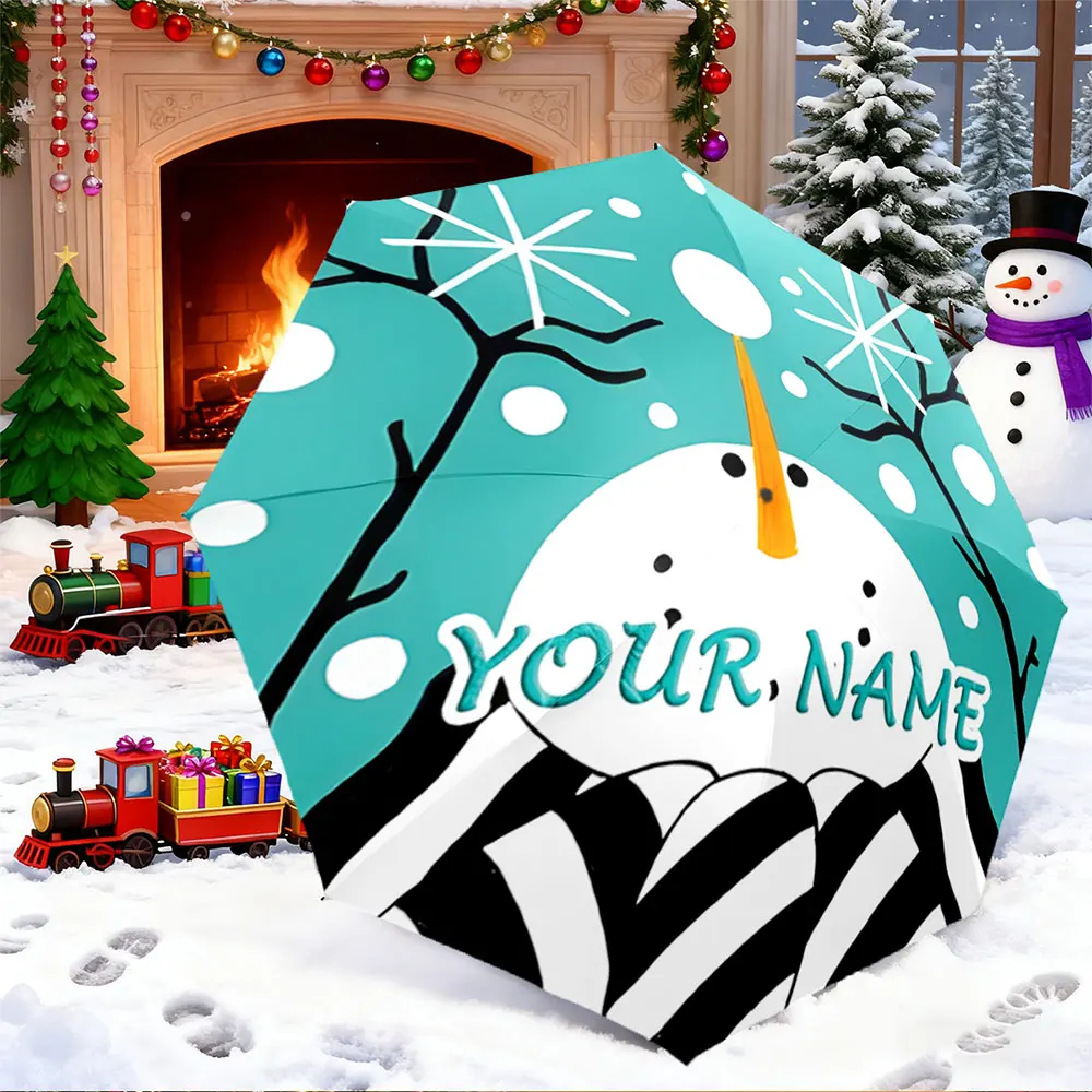 Custom Name Umbrella， Custom Snowman Design Umbrella - Winter Cartoon Pattern ,Portable Folding Umbrella, Christmas Gift