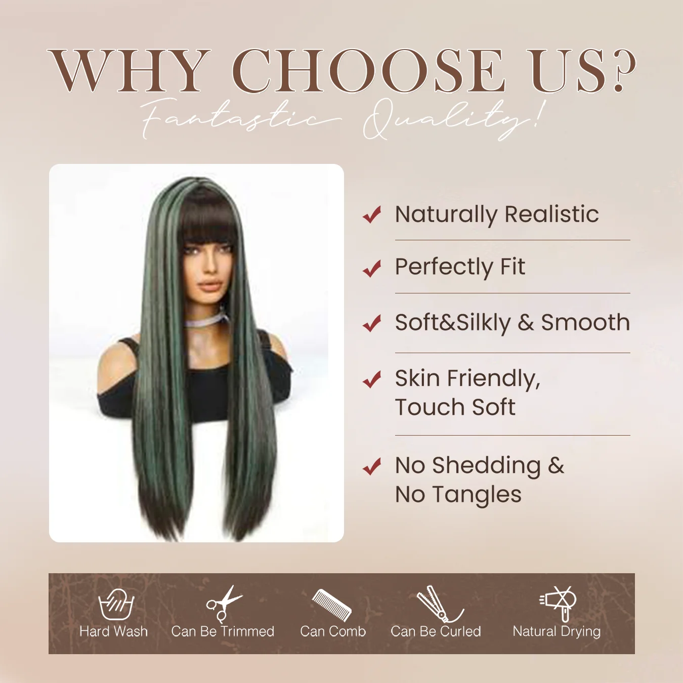 Black Highlight Green Synthetic Wigs Multicolor Long Straight Green Wig with Bangs For Women Natural Cosplay Party Christmas Wig