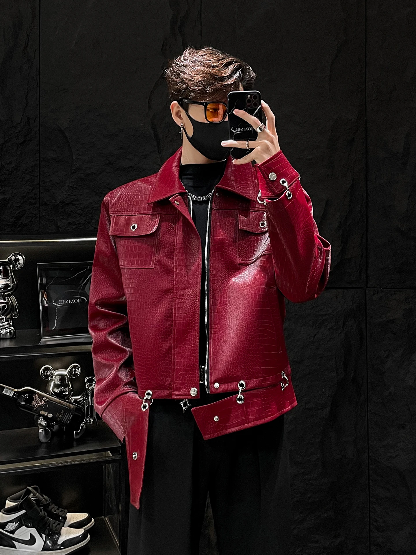 

Мужская куртка HOMME из искусственной кожи с наплечниками и дизайном с крокодиловым узором, высококачественная повседневная осенняя куртка