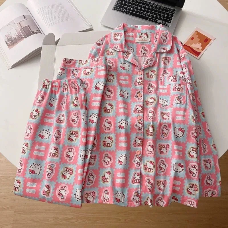 Japanese Hello Kitty Women Simple Sleepwear Cardigan Loose Comfortable Can Be Worn Outside Homewear Cartoon Cute Two-piece Set