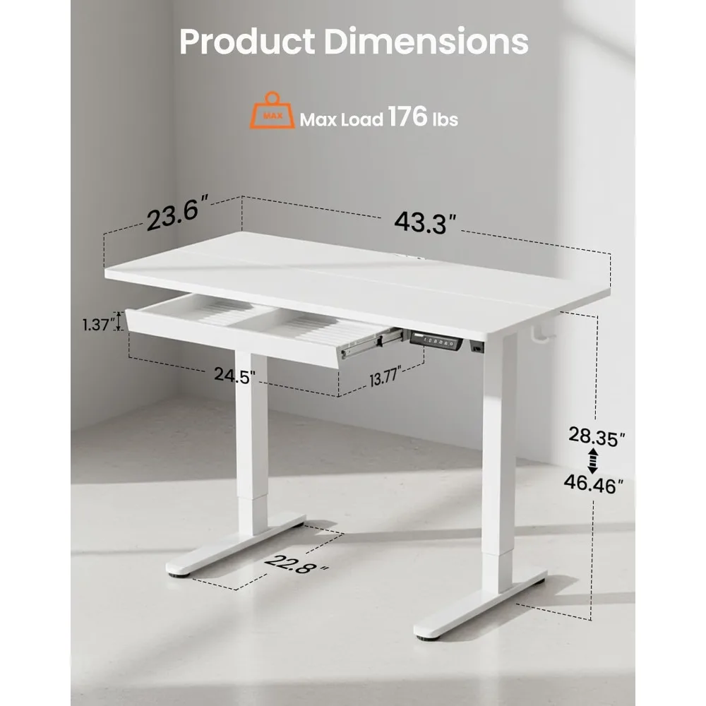 مكتب قائم كهربائي مقاس 44 بوصة مع أدراج، ارتفاع قابل للتعديل، 4 إعدادات لارتفاع الذاكرة، مكتب الجلوس الوقوف