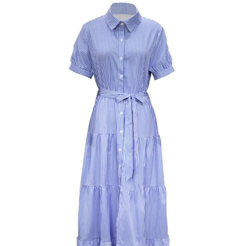 Women Striped Shirt Long Dress Short Sleeve Turn-down Collar Single Breasted Bandage Sashes A-line Maxi Dresses Summer Outfits