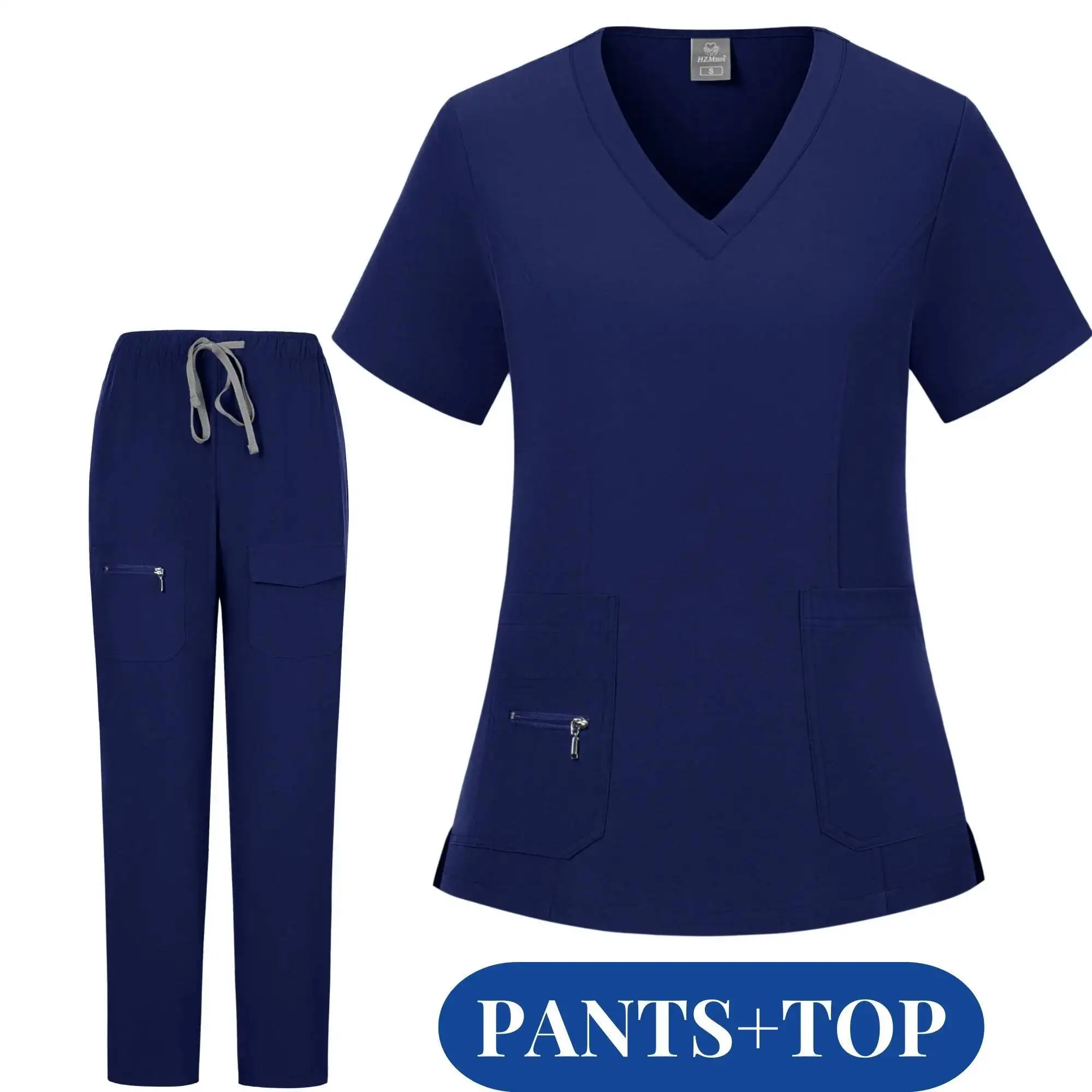 Nieuwe Medische Set V-hals Ziekenhuisuniformen Rits Verpleging Scrubs Uniform Sets Korte Mouw Tops + Broek Voor Vrouwen Verpleegster