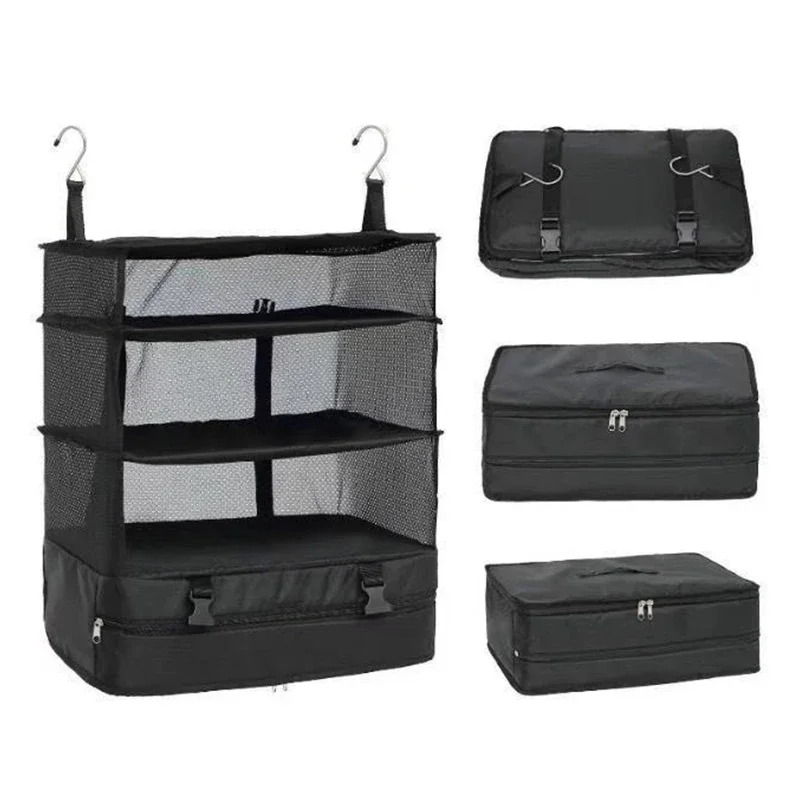 Travel Luggage Organizer Portable Travel Shelves Bag 3-Shelf Suitcase Packing Cube Collapsible Hanging Closet Storage Bag Space