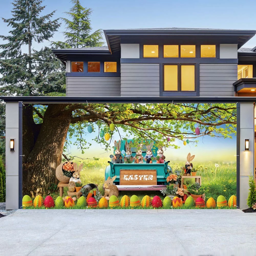 สําหรับโรงรถบ้านประตูตกแต่งแบนเนอร์ธีมอีสเตอร์สีไข่ฤดูใบไม้ผลิทุ่งหญ้าดอกไม้ Rainbow Bunny Porch ตกแต่งแบนเนอร์ขนาดใหญ่
