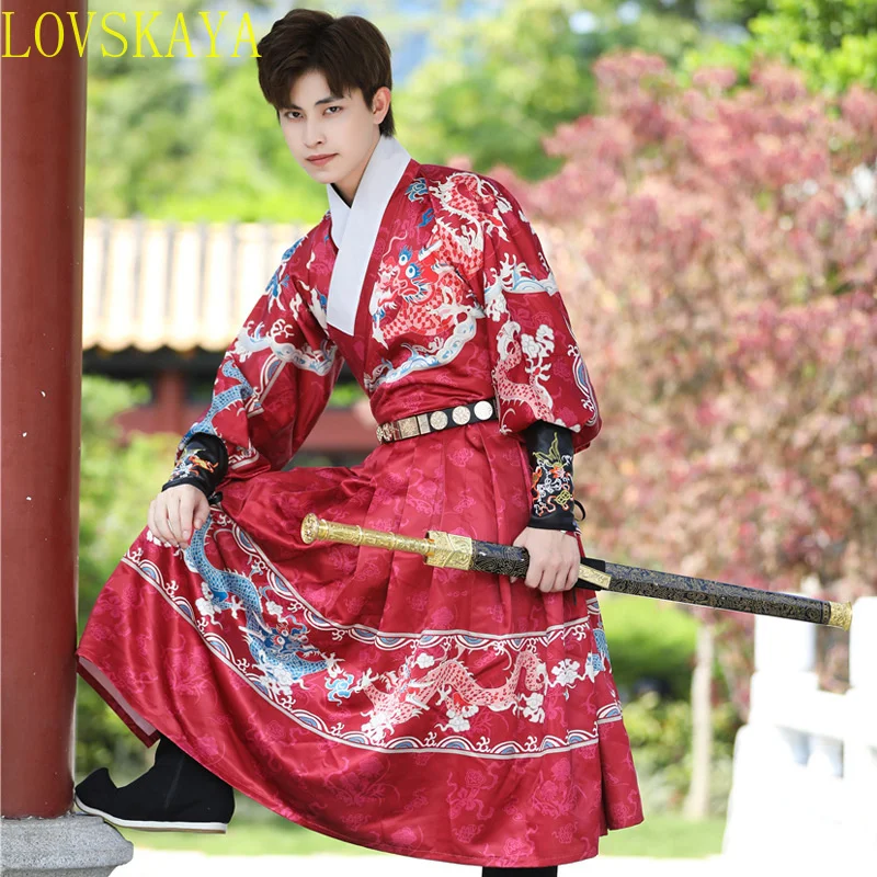 

Chinese Traditional Ming Qing Dynasty Men Hanfu Dress Dragon Print Tang Suit Hanbok Korean Robe Prince Swordsman Cosplay Costume