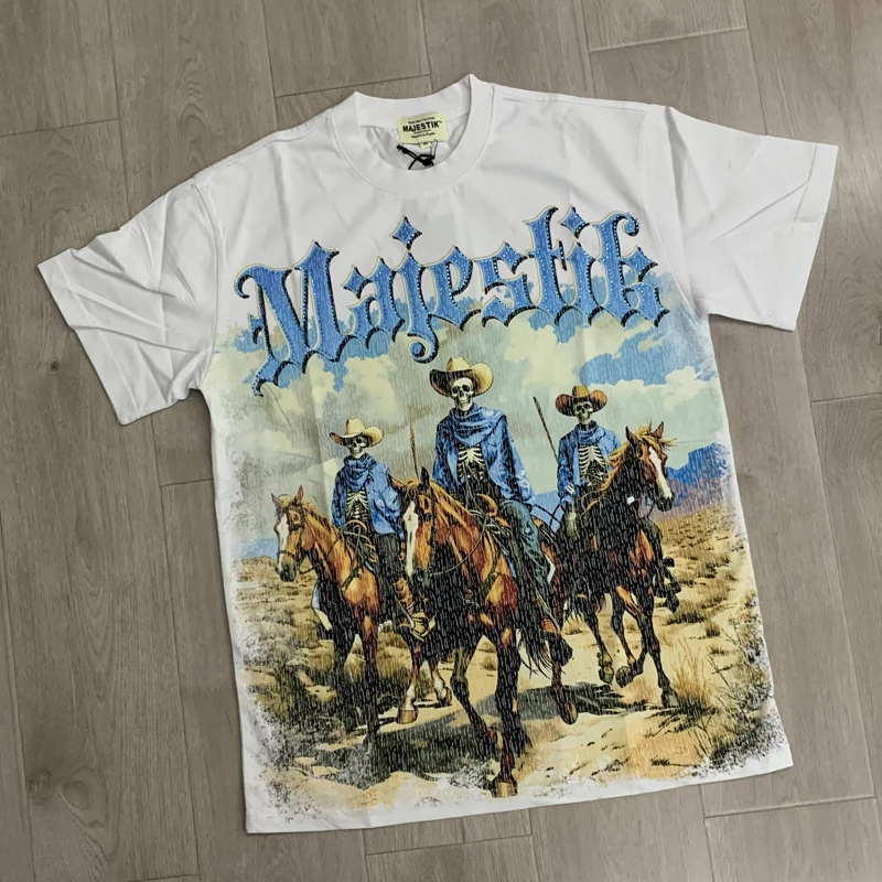 Men's Women's Fashion Round-neck Cotton Majestik T-shirts High-Quality Stamped Diamond Print MAJESTIK Short Sleeve Top