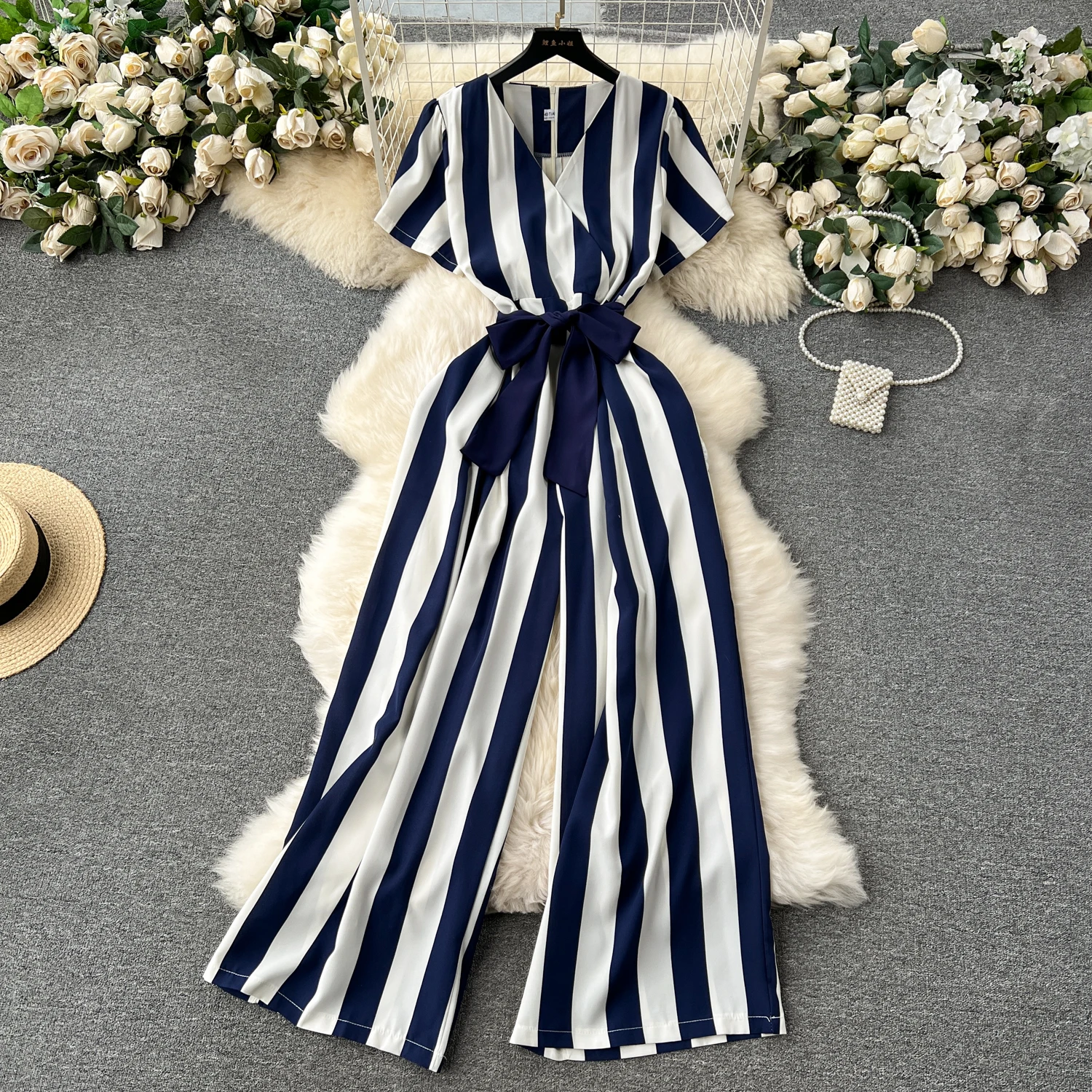 

2024 New Striped European Jumpsuit Elegant Office Lady Jumpsuit Tie Up Waist Slimming Long Wide Leg Pants Fashion