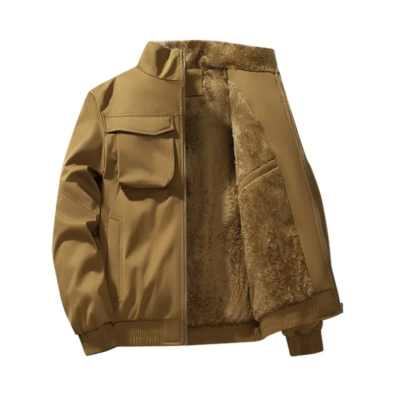 

New Men Fleece Bomber Jackets Winter Stand Collar Parkas Quality Male Multi-pockets Workwear Cargo Jackets Outdoor Tooling Coats