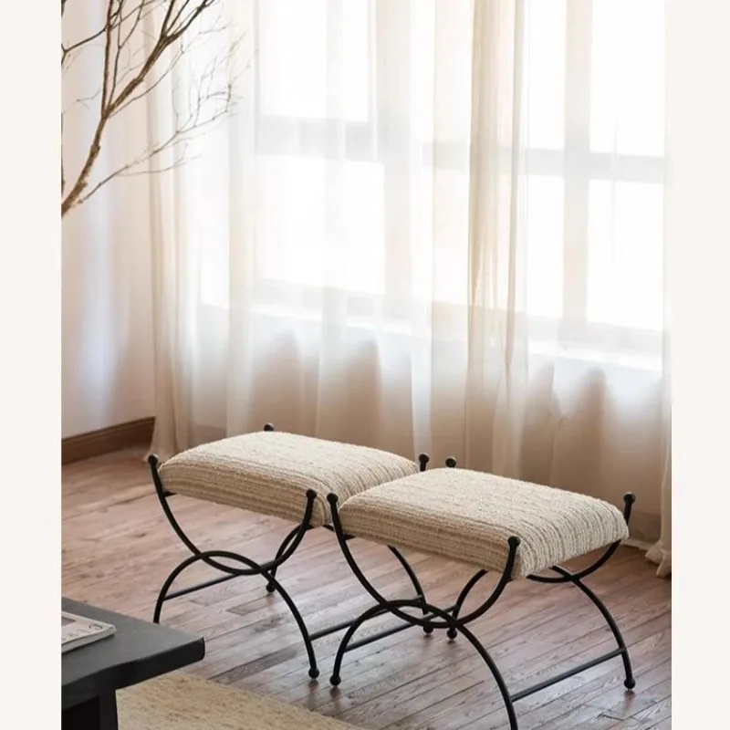 Mid Century French Vintage UU Stool with Woven Cushion Black Metal Frame Entryway Bench for Hallway Living Room Bedroom