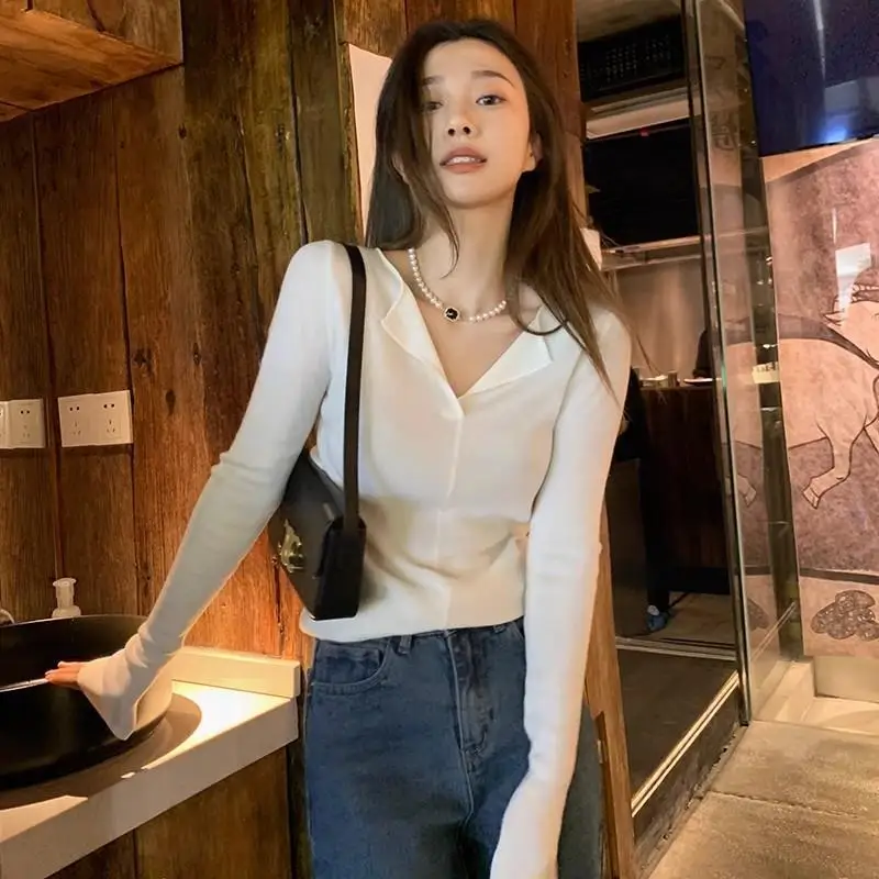 Korean Style polo Sweater Women 2024 New Design Sense Double Collar Chic Early Autumnchic Top Bottoming Shirt