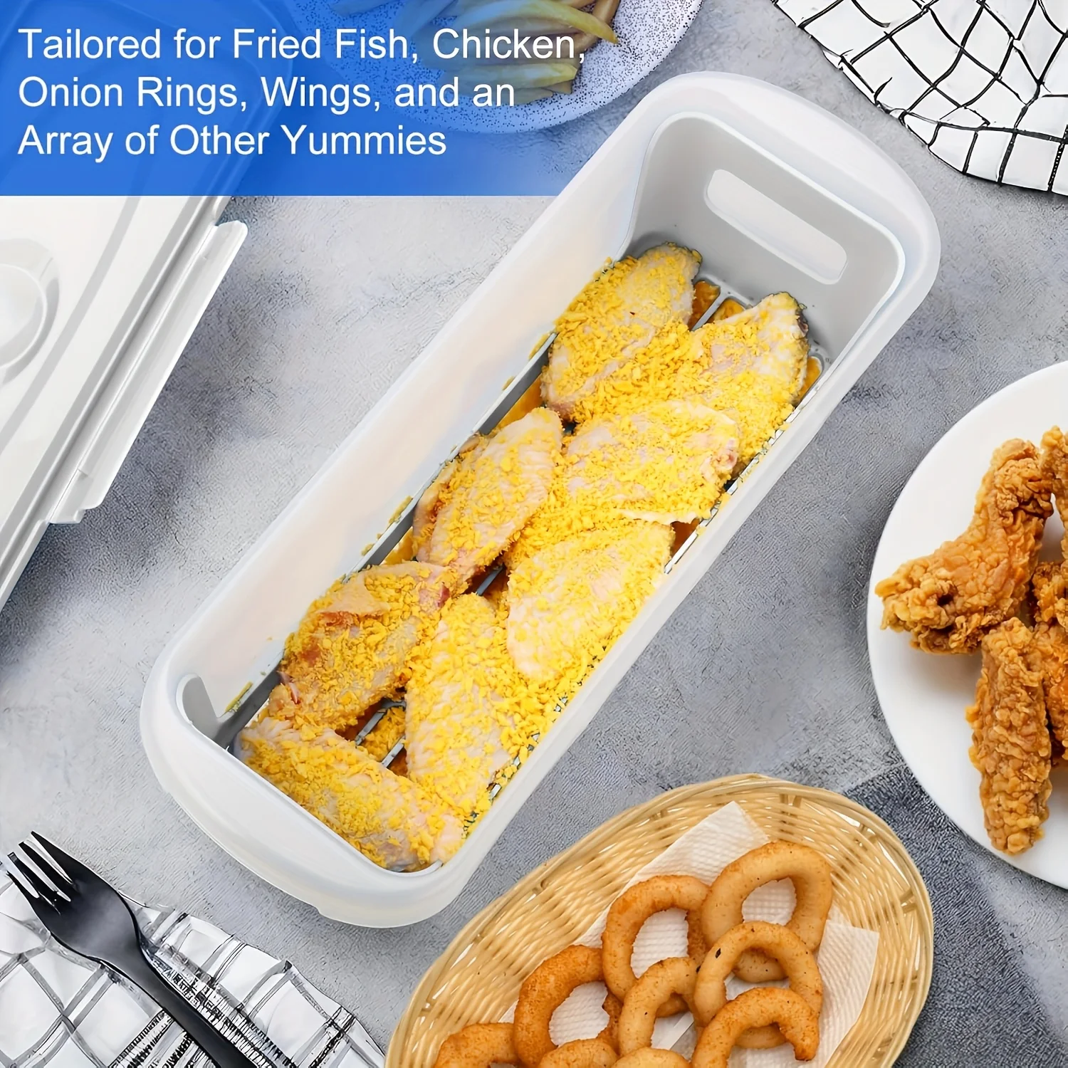 Mangkuk Pengaduk Lapisan 2 Bagian dengan Tutup, Dilengkapi dengan Piring Pelapis - Untuk Melapisi Ikan, Sayap Ayam, Cincin Bawang & Sayuran