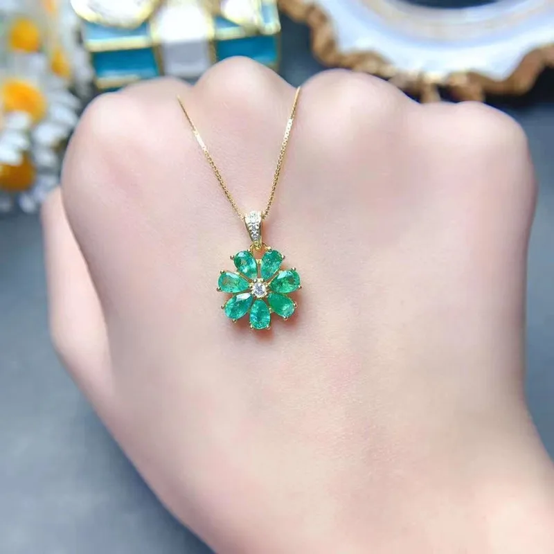 New Luxury Japan and Korea Pure Natural Emerald Clavicle Chain Pendant Necklace S925 Sterling Silver Inlaid Gold Plated