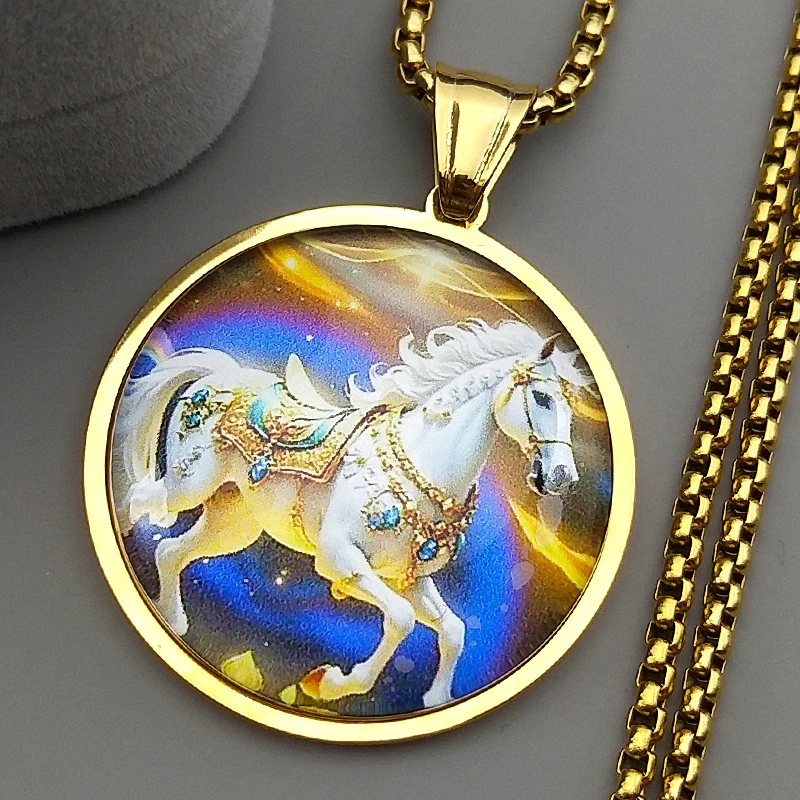 

Fashion White Horse Pendant Necklace For Women Men Stainless Steel Glass Gold Color Animal Pony Male Chain Jewelry Gifts