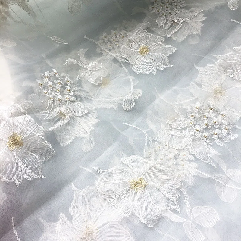 النمط الوطني الجديد الأورجانزا الصينية الزهور الكبيرة التطريز واقية من الشمس الغزل الملابس الأقمشة المرأة ساري التطريز الأقمشة