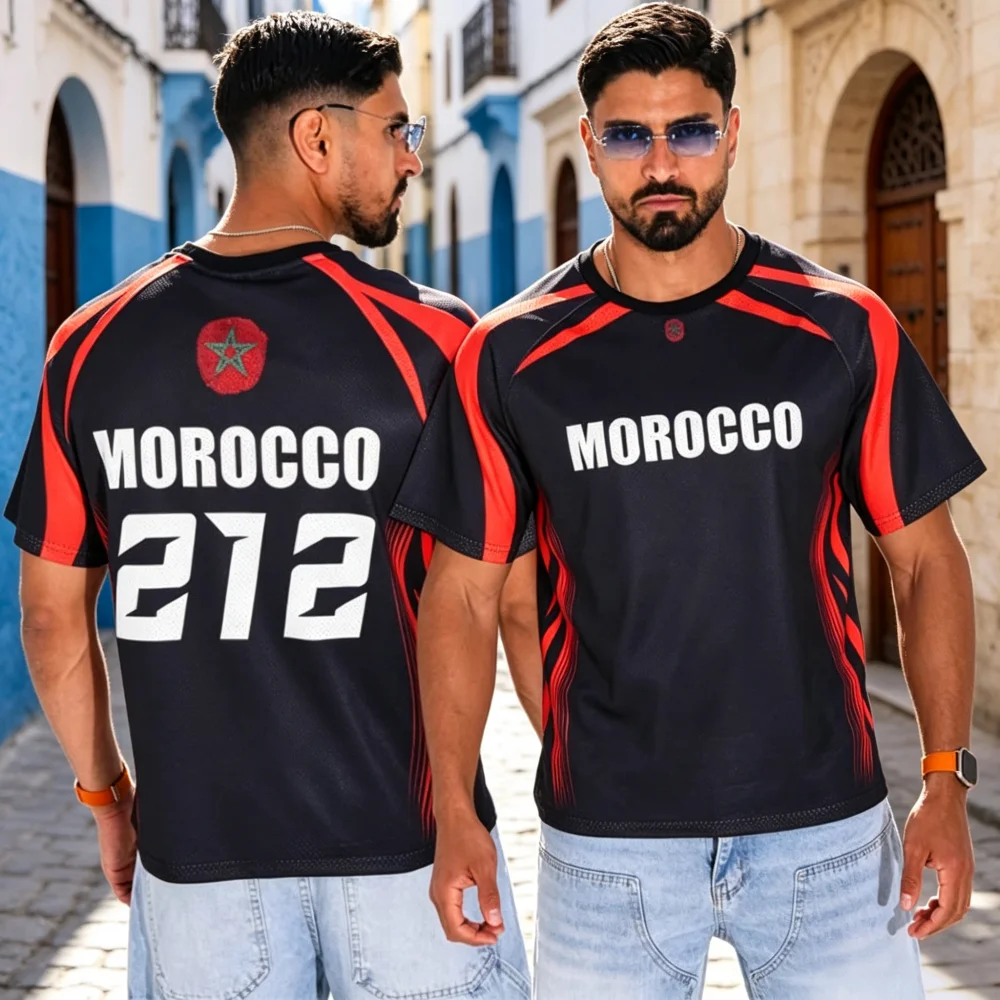 Morocco Soccer Fan Jersey Black 212 Area Code Star Emblem Short Sleeve Oversized Fashion T‑Shirt Men Women Family Kids Matching