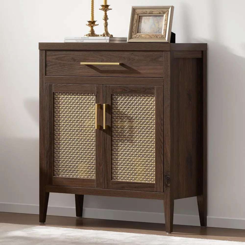 

30 Walnut Kitchen Sideboard with Adjustable Shelves & Gold Mesh Door for Storage and Coffee Bar