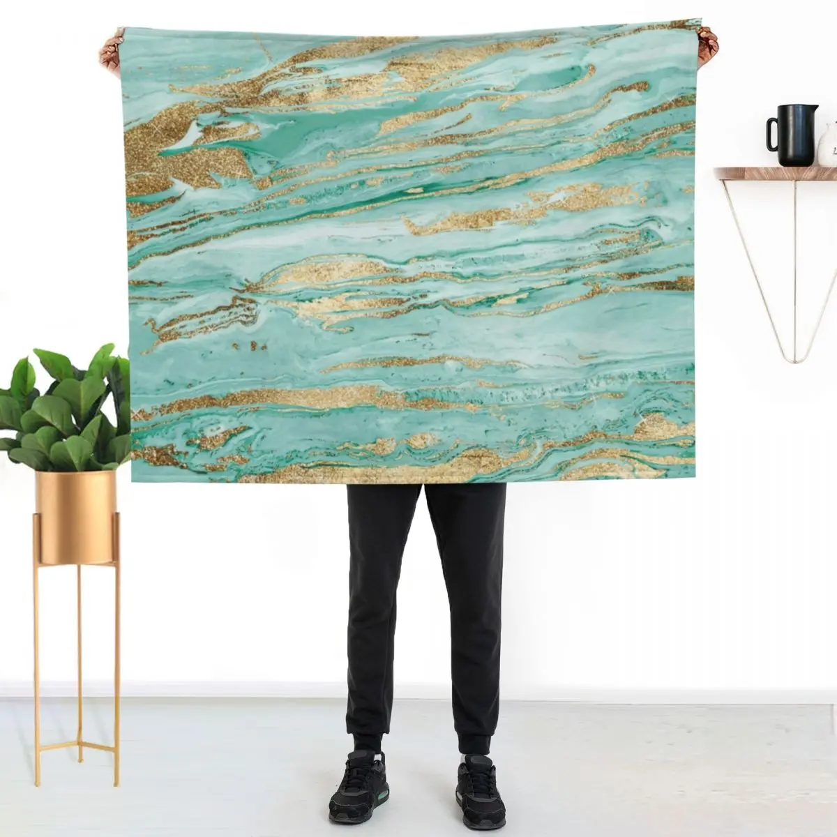 

Abstract Mint Gold Marbleized Paint Throw Blanket Modern Design Soft Blanket for Home Decor