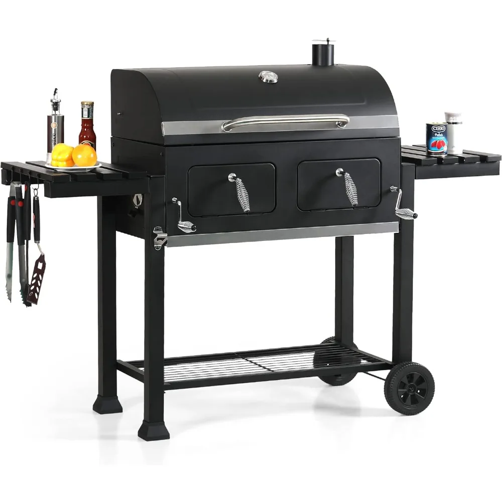 

BBQ Grills, Outdoor Cooking Grill with 2 Individual Lifting Charcoal Trays and 2 Foldable Side Tables,Outdoors Large BBQ Grills