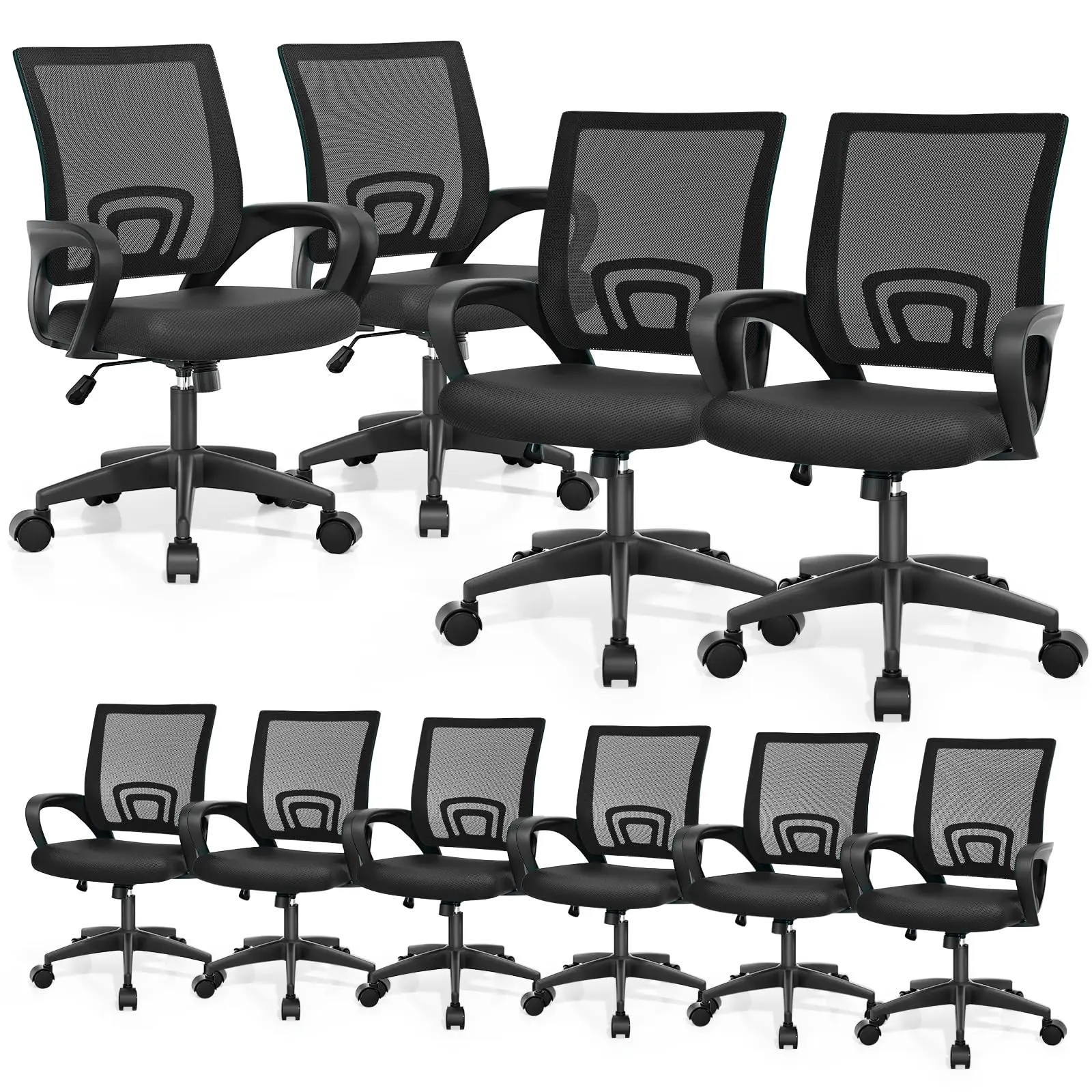 Ergonomic Office Chair 10 Pack, Mid-Back Mesh Desk Chair, Black | Adjustable Swivel Computer Chair, Lumbar Support &
