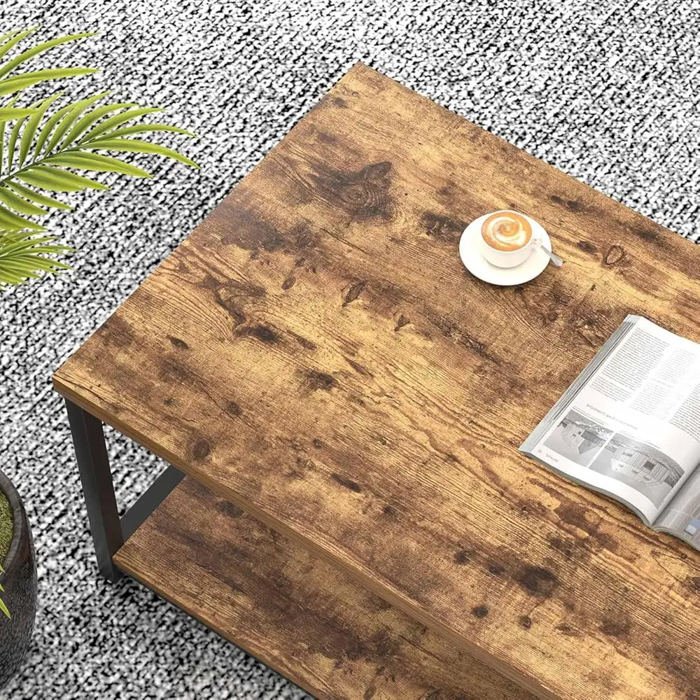 Modern Coffee Table, Rustic Wood And Metal Living Room Table With Storage Shelf, Industrial Rec Center Table, 47 H