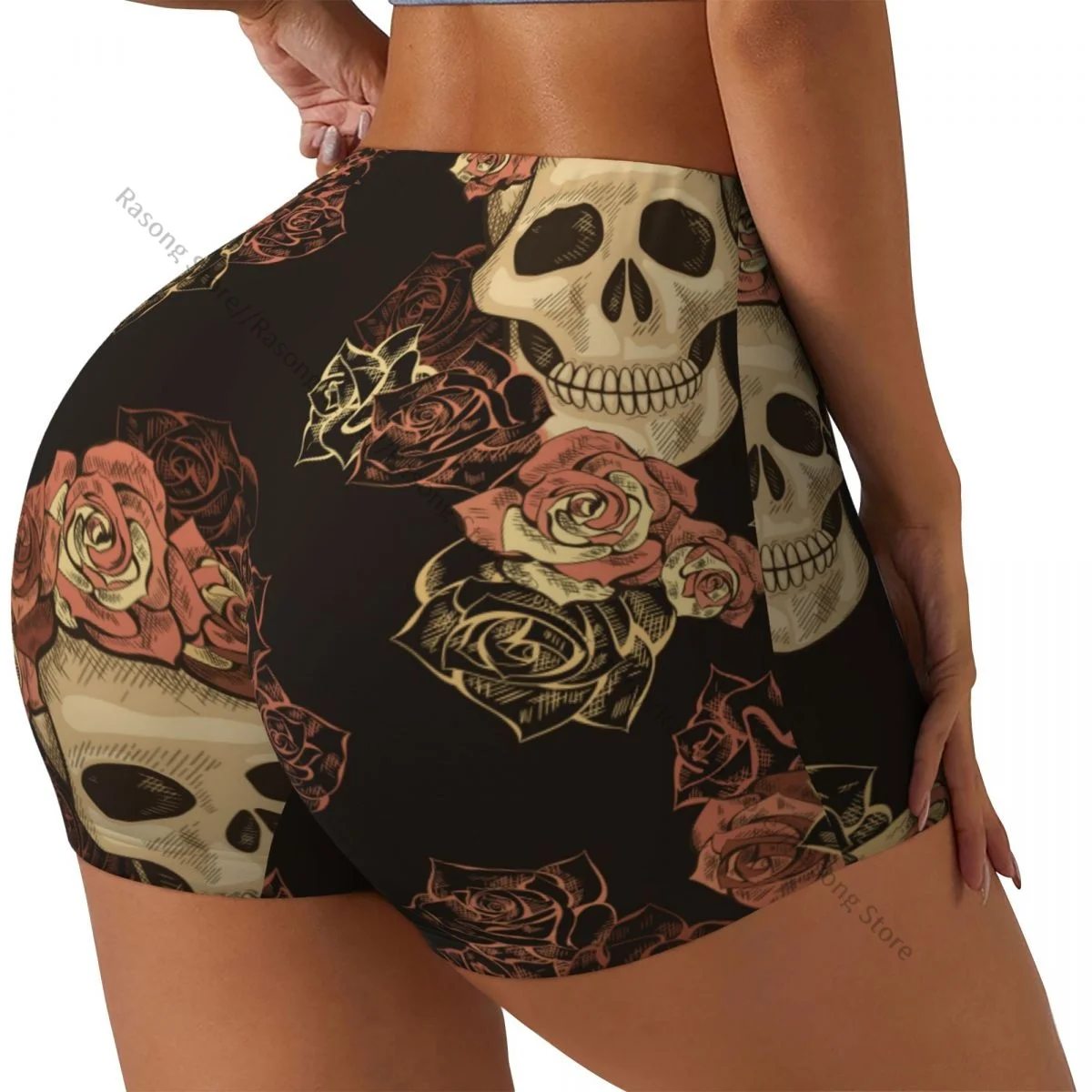 Yoga Shorts Vintage Day Of The Dead Roses And Skull Women Biker Tight Elastic Workout Sports Leggings Sportswear