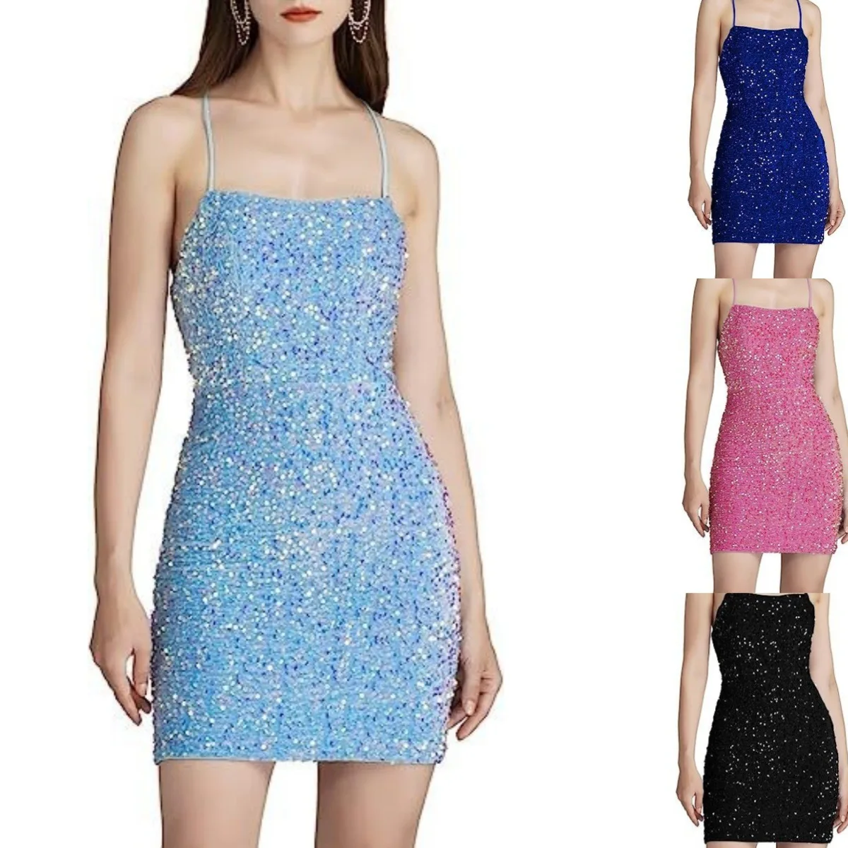Women Velvet Sequin Sparkly Low Round Neck Tight Short Mini Dress Dresses Spring Summer