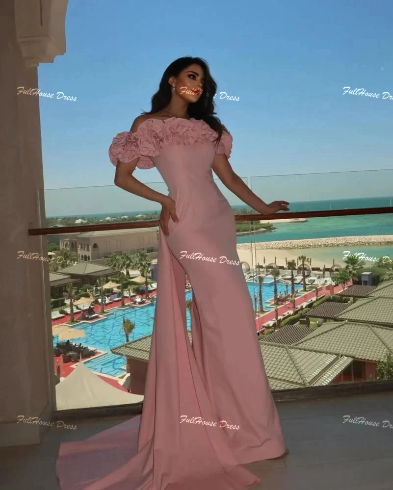 Custom Made Romantic Boat Collar Handmade Flowers Evening Dress Sexy Sheath Backless Floor Length Party Dress with Sweep Court