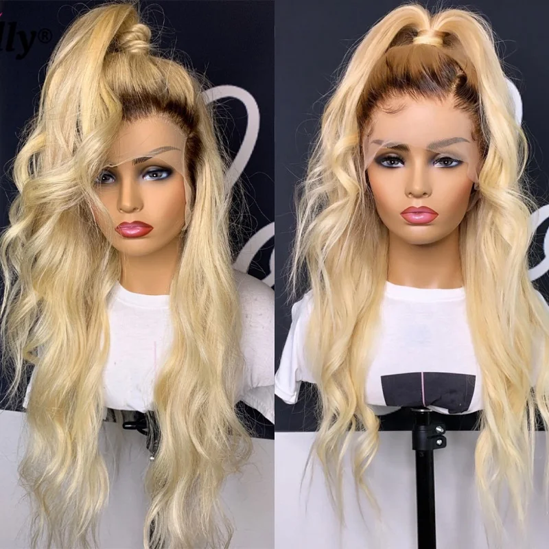 13x6 الدانتيل الباروكة الأمامية البرازيلي شعر طبيعي مفرود باروكة 2 لهجة الجذر الداكن 1B 613 أومبير شقراء الدانتيل الجبهة الباروكات للنساء السود 40"