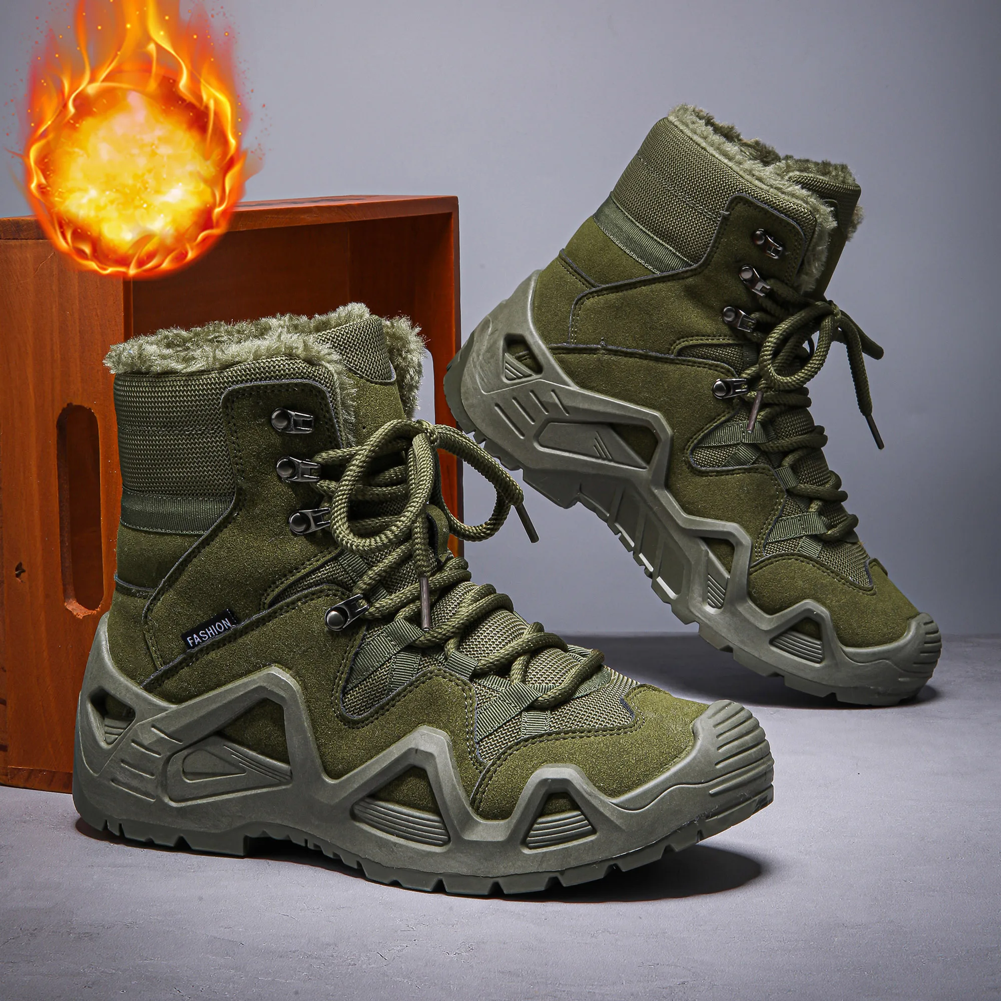 Men Winter High Top Snow Boots Thick Fur Lined Warm Outdoor Hiking Boots Anti Slip Thick Sole Lace Up Men's Winter Combat Boots