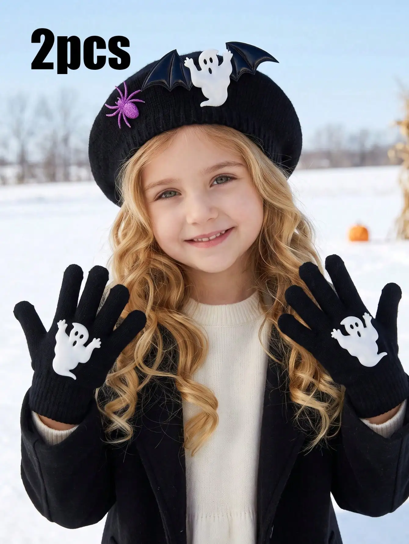 2Pcs 3-8Y Girls Cute Halloween Knit Beret & Bat Wing Gloves Set Kids Black Cartoon Ghost Spider Bat Decor Knitted Accessory Kit