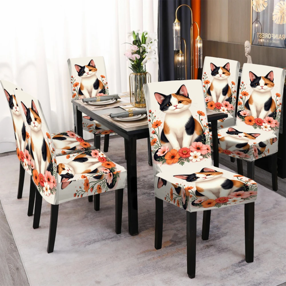 4/6pcs Elastic chair cover Calico Cat Floral Print Stretch Dining Room Seat Protector Home Decor Set