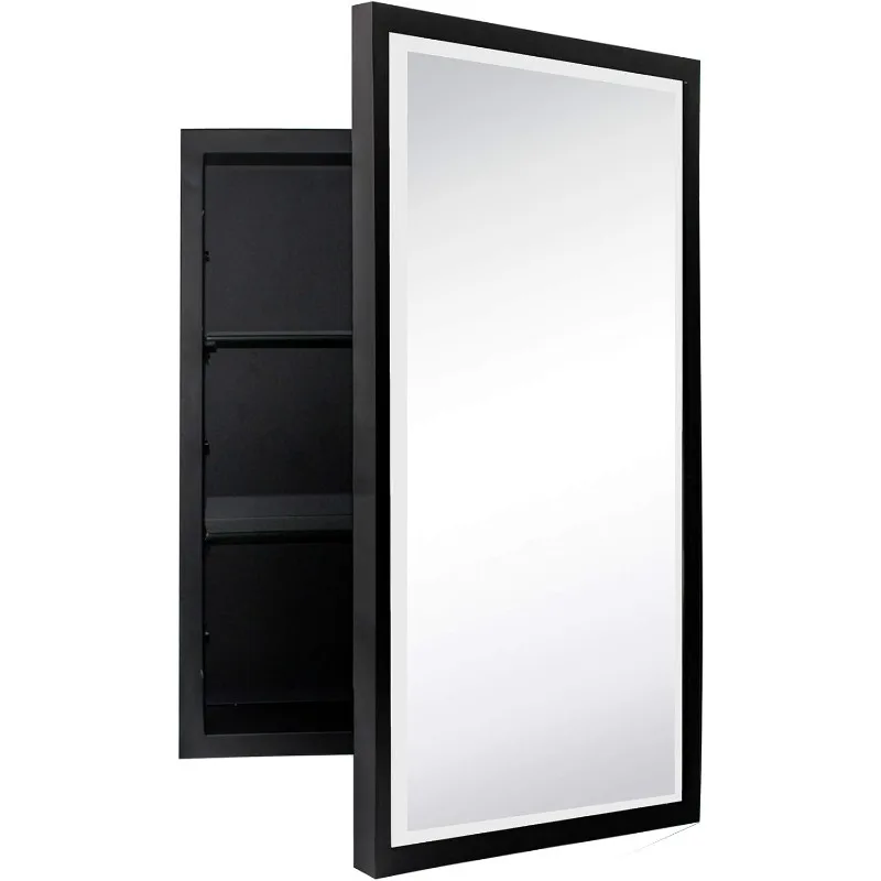 2025 Black Metal Framed Recessed Bathroom Medicine Cabinet with Mirror Rectangle Beveled Vanity Mirrors for Wall 16 x 24 inches