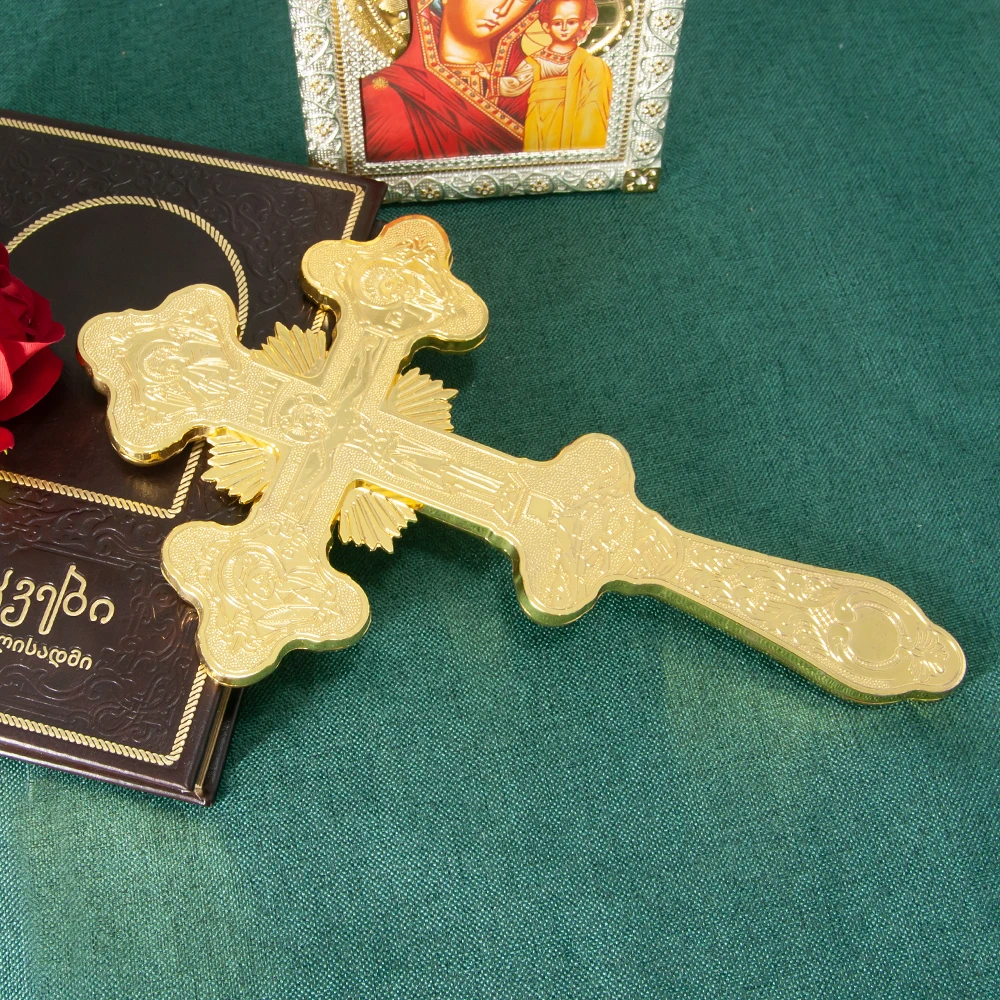 Croix d'autel orthodoxe dorée et argentée, icône de Jésus, saints, filigrane, émail, cadeau chrétien byzantin sacré pour l'église