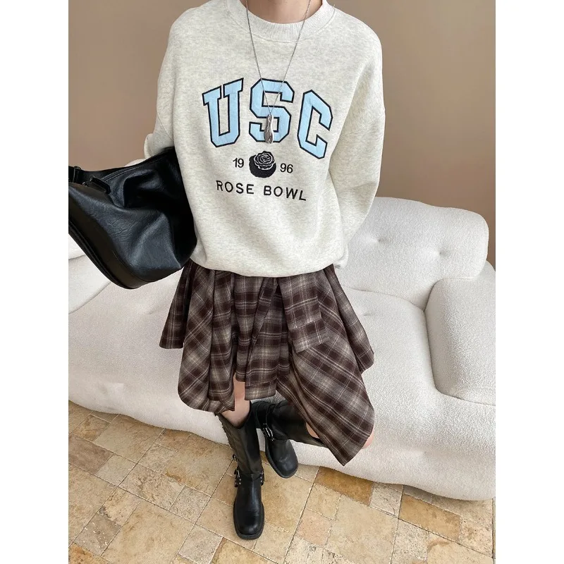Women Plaid Skirts Knee Lenth Skirt Irregular Hem A Line High Elastic Waist Loose Office Lady Elegant Casual 2025 Spring Autumn