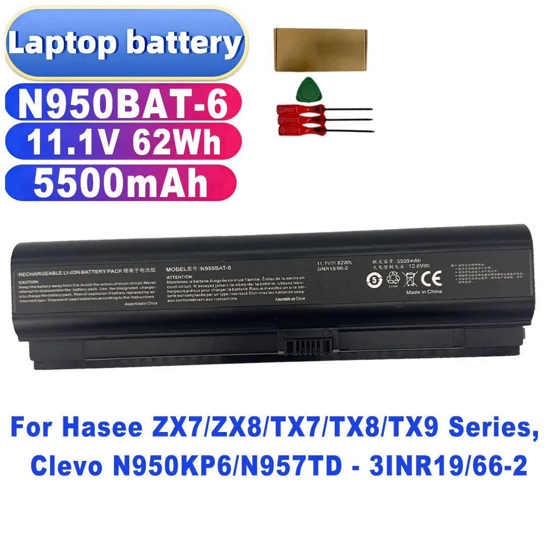 N950BAT-6 11.1V 62Wh 5500mAh Laptop Battery for Hasee ZX7/ZX8/TX7/TX8/TX9 Series, Clevo N950KP6/N957TD - 3INR19/66-2