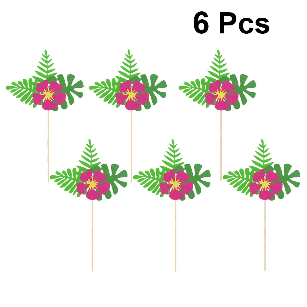 

6pcs Leaf Flower Cake Picks Non-Woven Fabric Safe Decor For Hawaii Summer Party Cakes Ice Cream Decorations