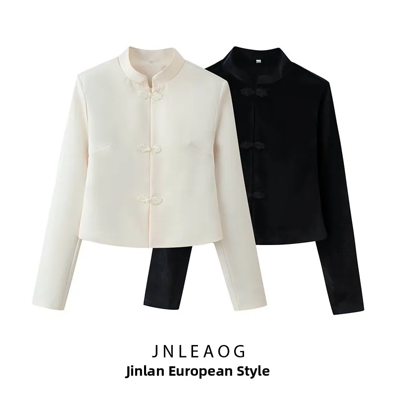 

Spring New Fashion Women's Short Coat Long Sleeve Stand Collar Button Decoration Polyester Standard Fit Ladies Jacket