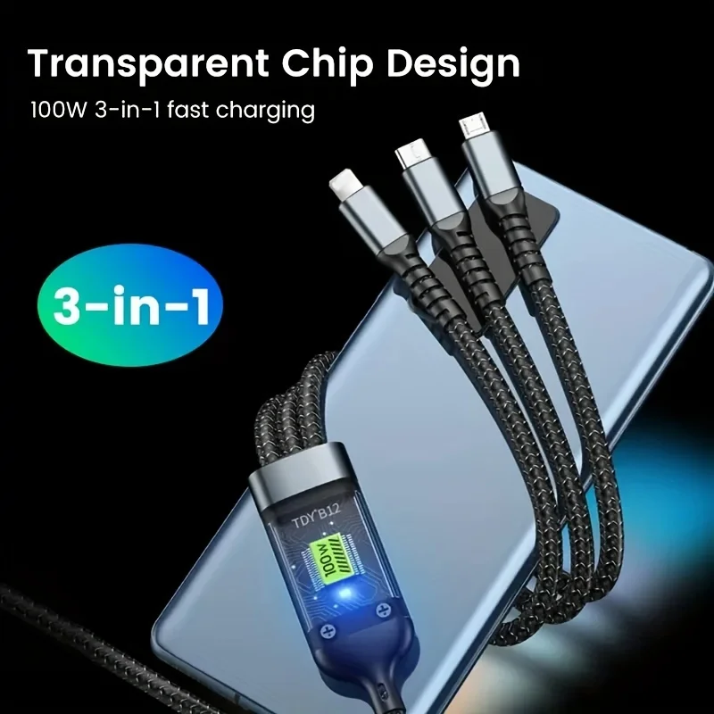 3 in 1 100w Super Fast Charging Cable, LED Indicator, Durable Nylon braiding, Charging Solution for Type-C, iPhone, and Android