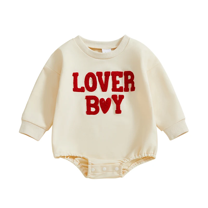 Baby Boy Romper Long Sleeve Round Neck Heart Letter Embroidery Bodysuit Newborn Spring Fall Playsuit