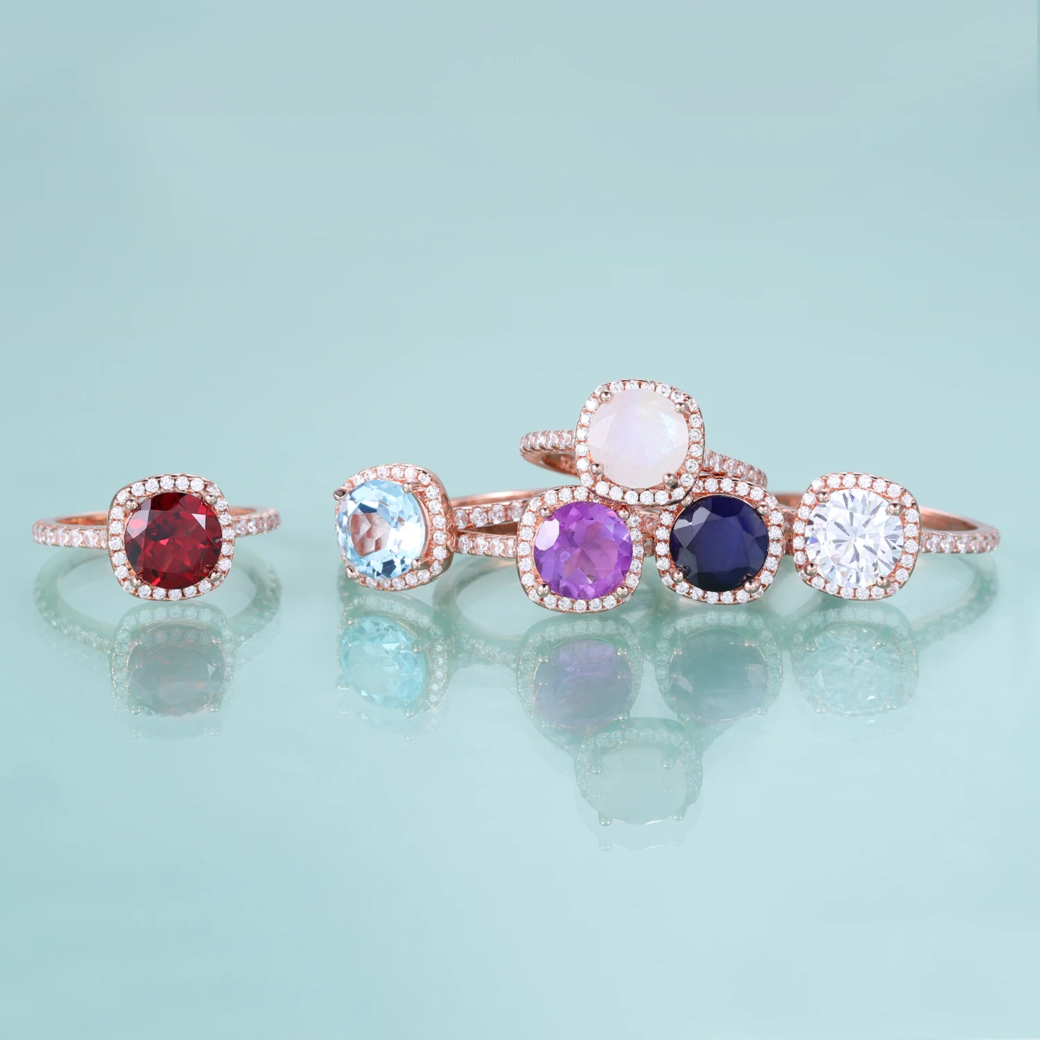 GEM'S BALLET 925 Sterling Silver Dainty Promise Ring  5mm 8mm Round Garnet Sapphire Topaz Amethyst Halo Engagement Rings