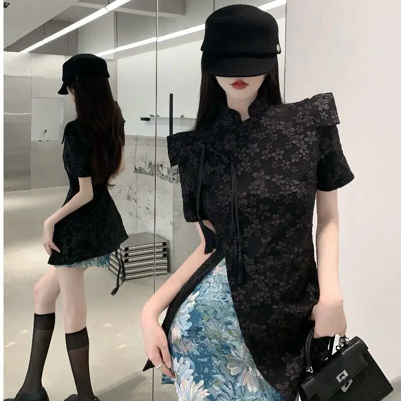 New Chinese Style National Style Popular Unique Short Sleeve T-shirt Dark Pattern Disc Button Split Qipao Top Women Clothing