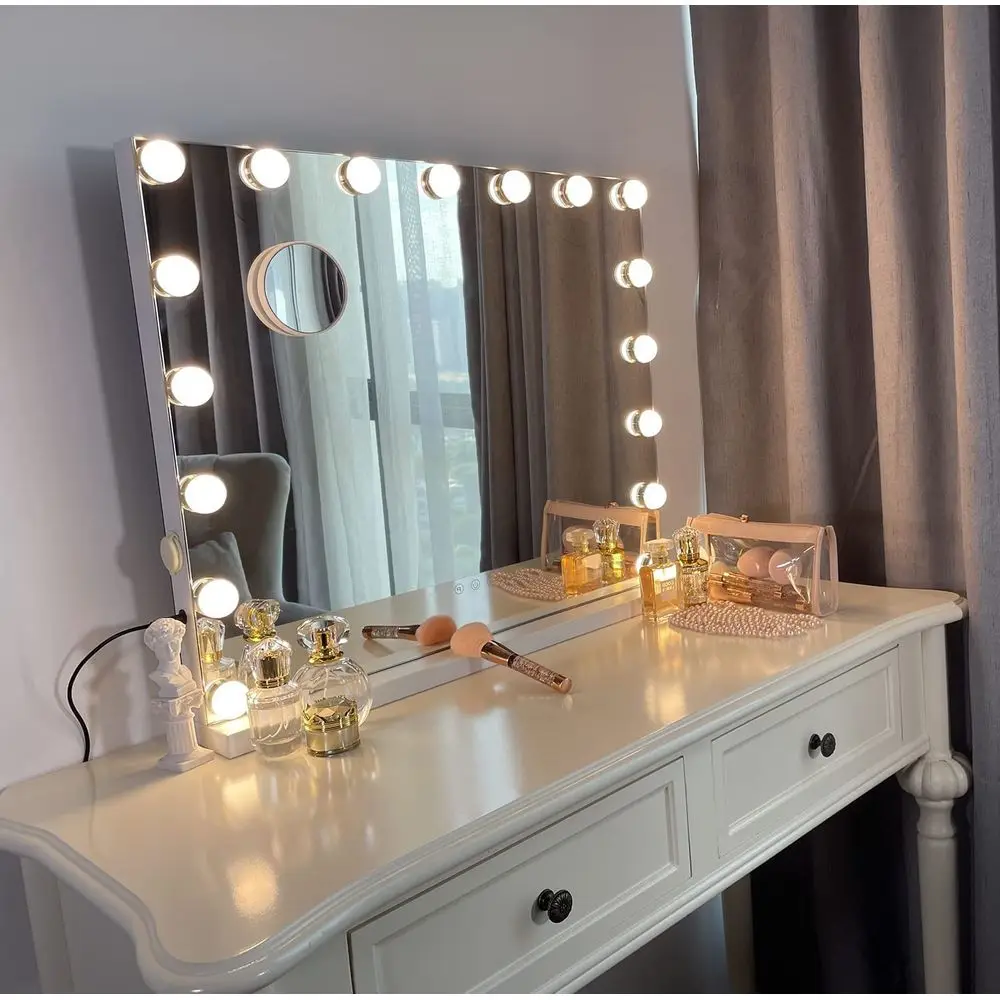 Miroir de maquillage Hollywood éclairé, 24,4 x 21,2, LED 3 couleurs, port USB, miroir grossissant 10X, commande tactile, blanc