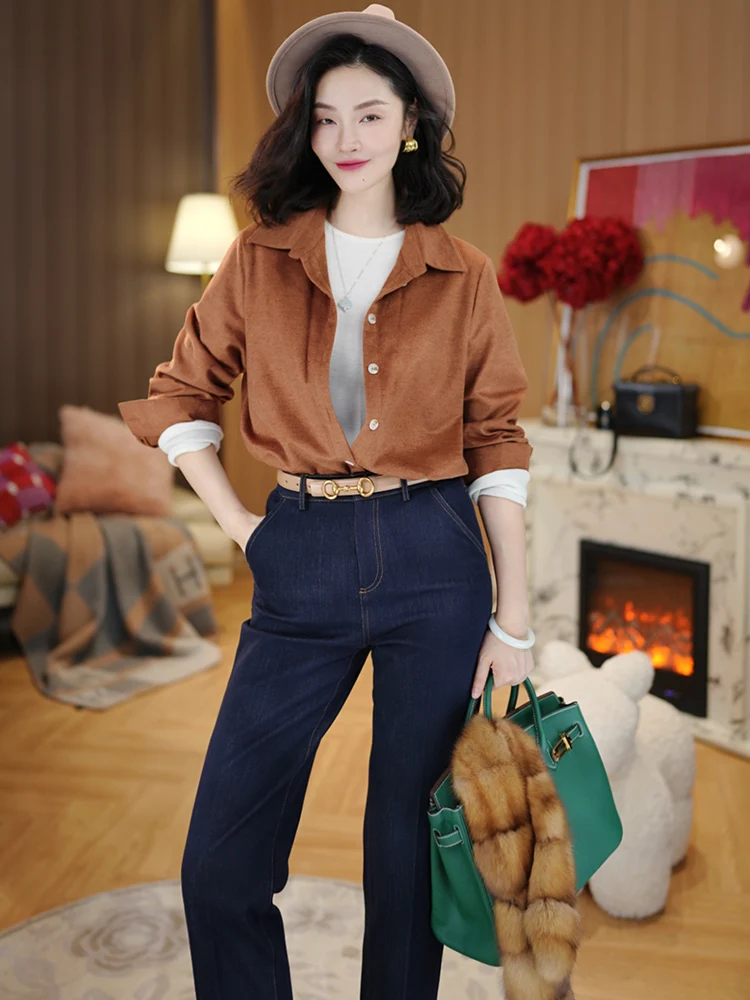 

Ele Simple Sle Long Sve Wool Modal Blend Single-Faced Brued irt Women's Loose Fit Breathable Comfortable Casual ...