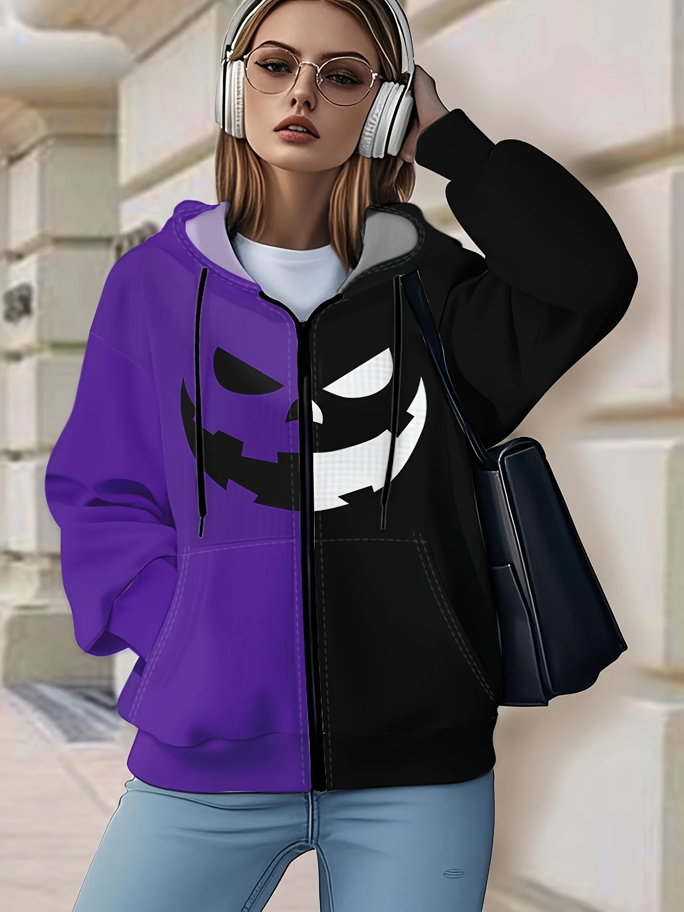 

Фиолетово-черная толстовка с принтом тыквы для мужчин и женщин, повседневная толстовка на молнии с длинными рукавами, уличная одежда для осени и весны