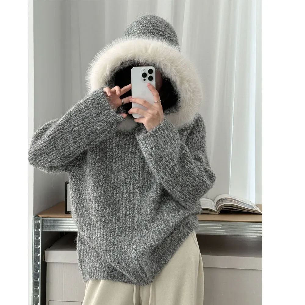 

High Quality Women Furry Collar Hooded Knitted Thick Sweater Coat 6% Wool Warm Cardigans Tops For Women Sweater
