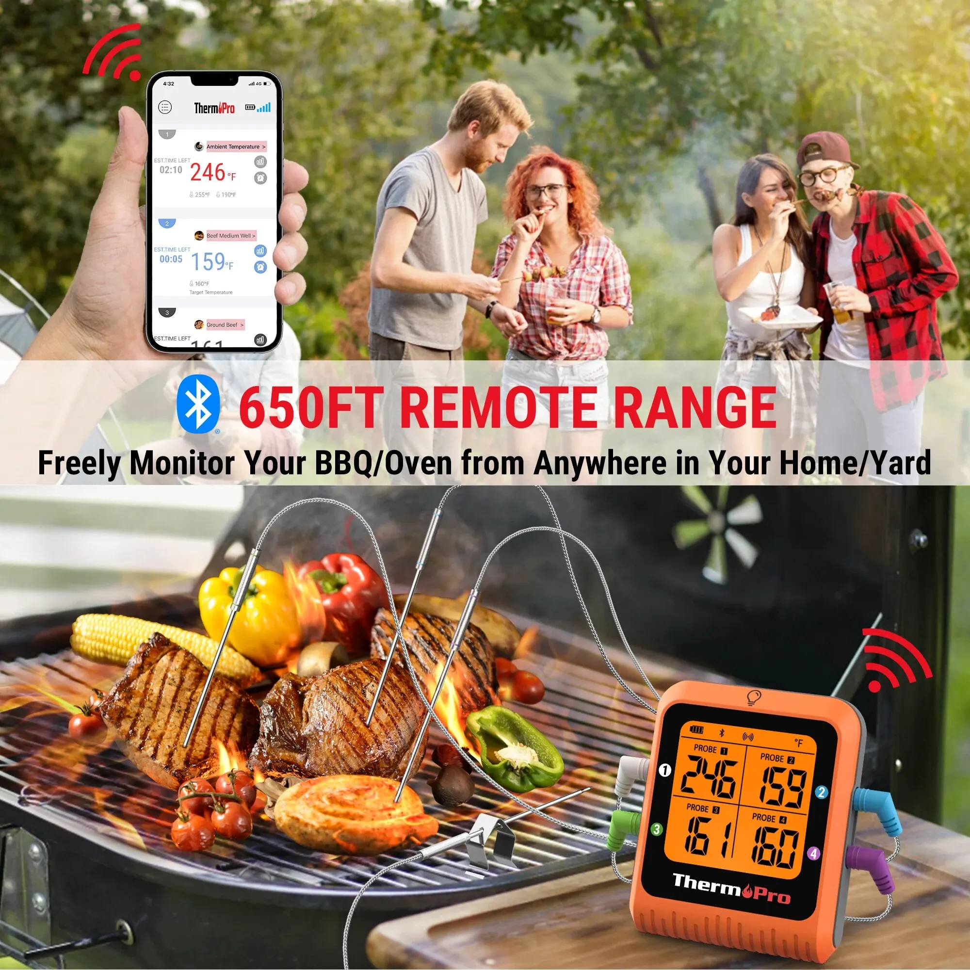 ThermoPro TP930 200M Wireless Remote Bluetooth Kitchen Digital Thermometer with 4 Probes for Grilling Meat Oven BBQ Cooking